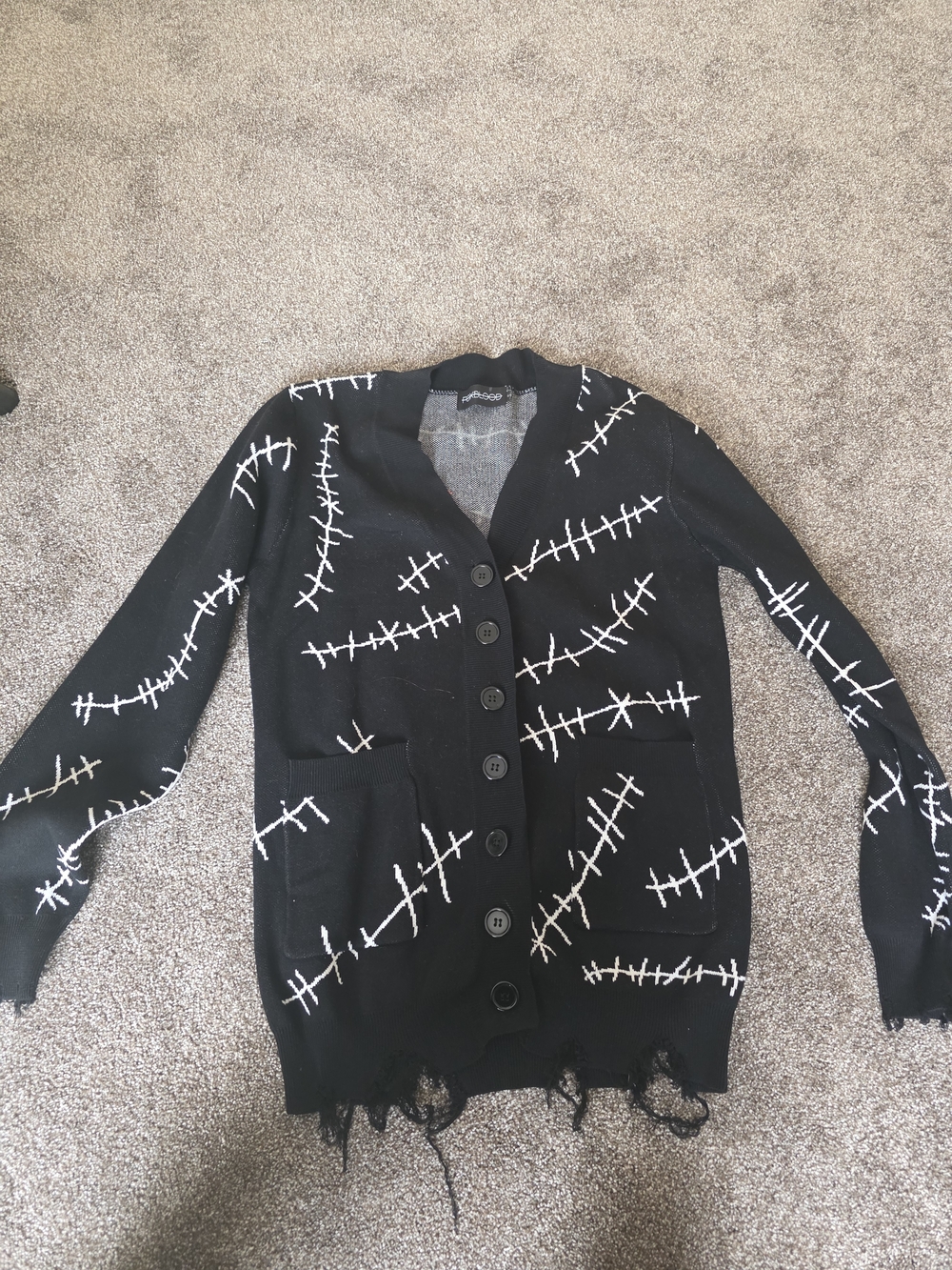 Black Stitched-Pattern Button Cardigan Sweater